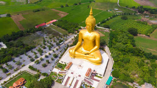 Sculpture of buddha statue amidst buildings