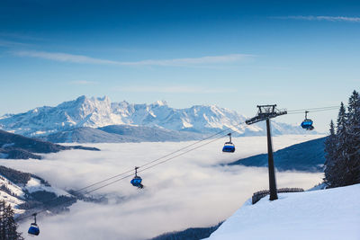 Overhead cable car over snowcapped mountains against sky