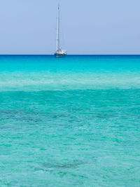 Sailboat sailing in sea against clear sky