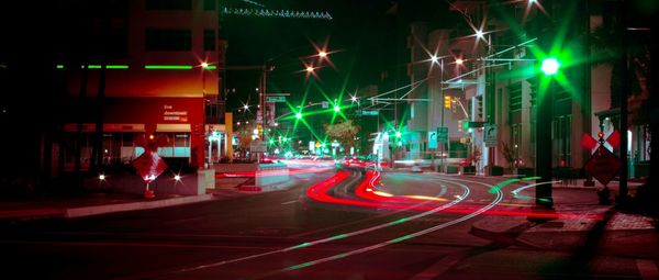 Light trails on road at night
