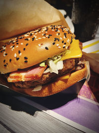 Close-up of burger on table