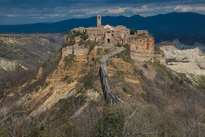 View of fort on mountain, civita di bagnoregio old town in lazio italy