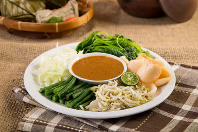 High angle view of salad in bowl on table