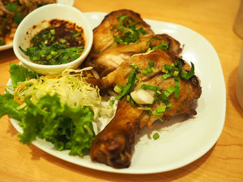 High angle view of meal served on table