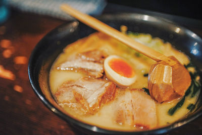 High angle view of soup in bowl on table