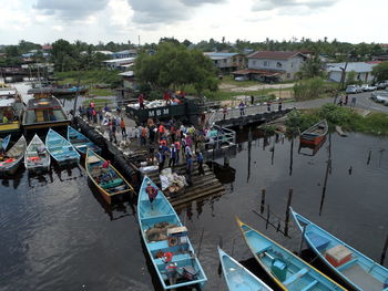 High angle view of boats moored in canal