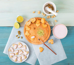 High angle view of breakfast served on table