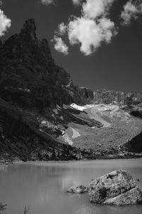 Scenic view of lake by mountain against sky