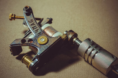 High angle view of telephone on table