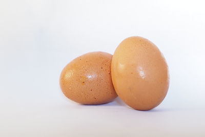 Close-up of eggs against white background