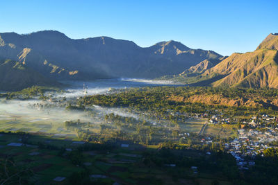 Landscape of mount rinjani national park from pergasingan hill, indonesia