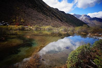 Scenic view of lake against cloudy sky