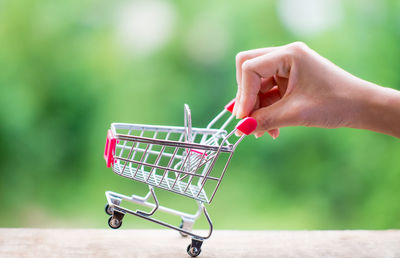 Close-up of person hand holding shopping cart on table