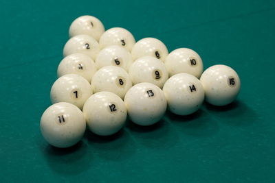 Close-up of balls on snooker table