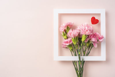 Close-up of pink flower vase against white background