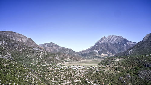 Scenic view of mountains against clear blue sky