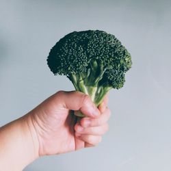 Close-up of hand holding strawberry over white background