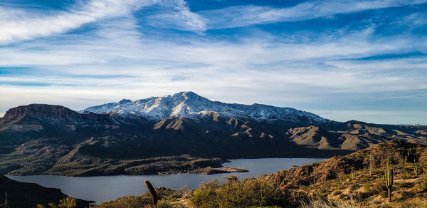 Scenic view of snowcapped mountains against sky