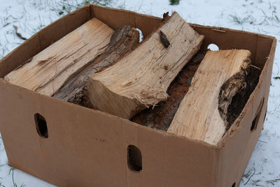 High angle view of log on wood