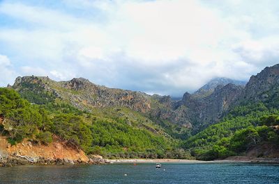 Scenic view of mountains against cloudy sky