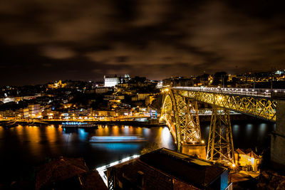 Illuminated bridge over river against sky in city at night