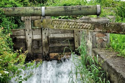 Stream flowing through wooden barrier