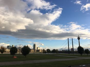 Trees in city against sky