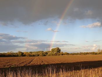 Scenic view of field against rainbow in sky