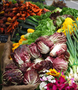 High angle view of vegetables on display at market stall