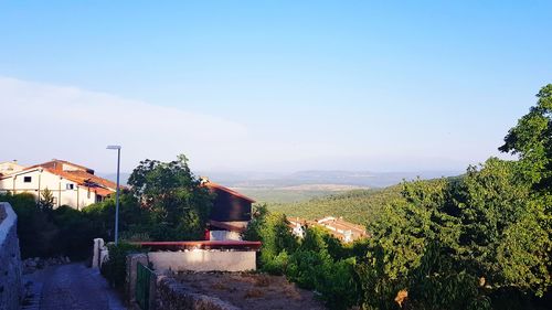 Houses and trees against clear sky