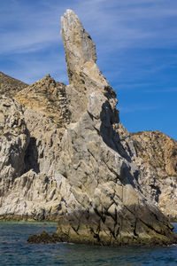 Rock formations by sea against sky