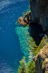 High angle view of rocks by sea