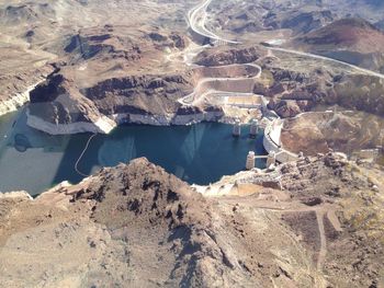 High angle view of lake and mountains