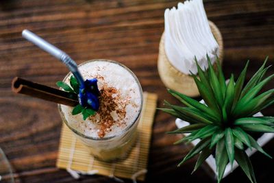 Directly above shot of drink by plant on table