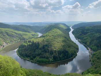 Scenic view of river amidst trees against sky