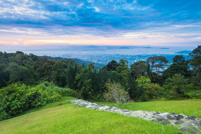 Scenic view of landscape by sea against sky