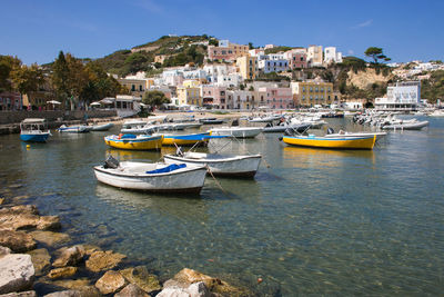 Boats moored in harbor against buildings in city