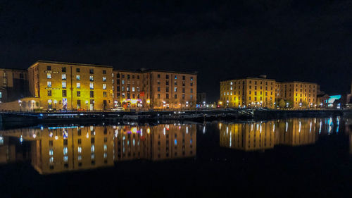 Reflection of buildings in city at night