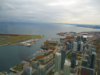 High angle view of buildings in city