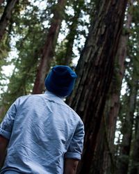 Rear view of man standing against tree trunk