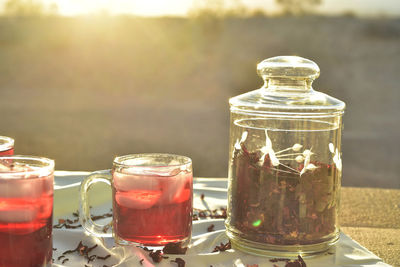 All natural red ice tea made with hibiscus flower petals called fleur de jamaica in mexico