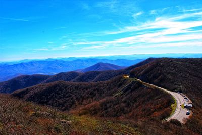 Scenic view of mountains against blue sky