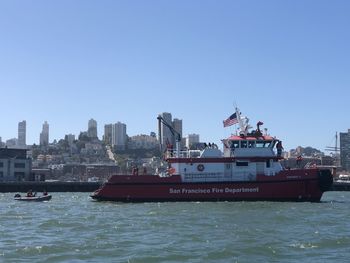 Ship in sea against clear sky