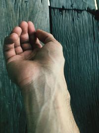 Close-up of person hand on wood