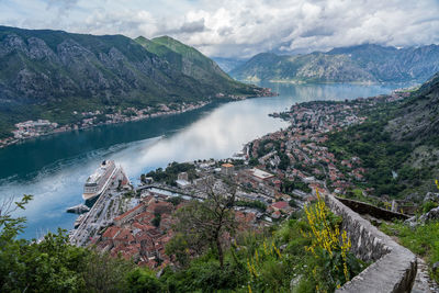 High angle view of town against cloudy sky