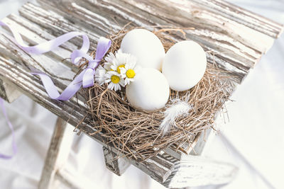High angle view of eggs in nest by flowers on table