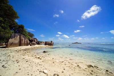 Scenic view of beach against blue sky