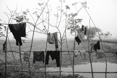 Clothes hanging on a fence against clear sky