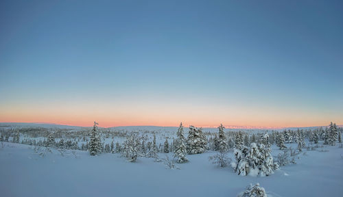 Scenic view of snow covered landscape against sky during sunset