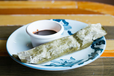 High angle view of breakfast on table